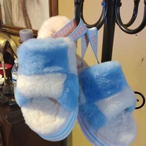 UGG Fluffy Blue and White Slippers